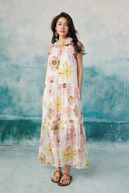 Floral Halter Sleeveless Chiffon Long Dresses -27Dress.co.uk