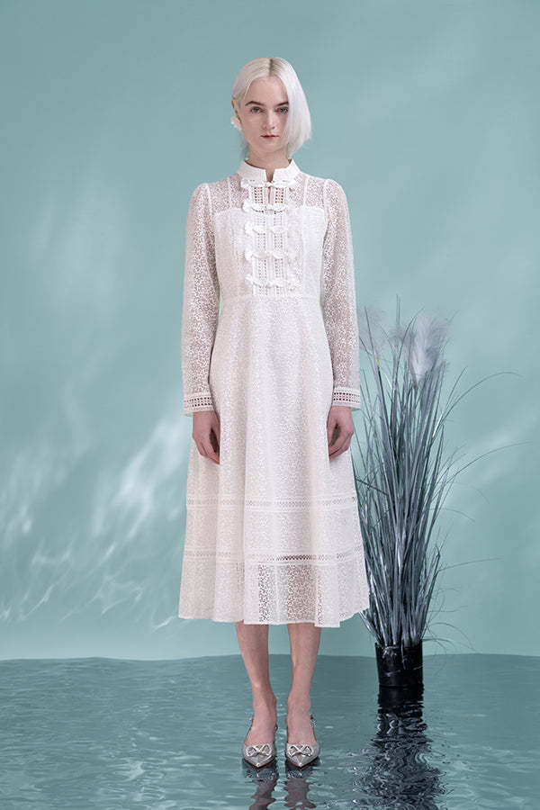 White High Neck Lace A-Line Dresses with Long Sleeves-27Dress.co.uk