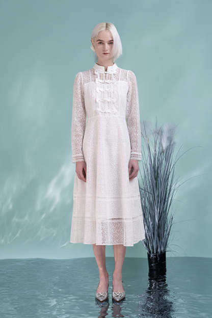 White High Neck Lace A-Line Dresses with Long Sleeves-27Dress.co.uk