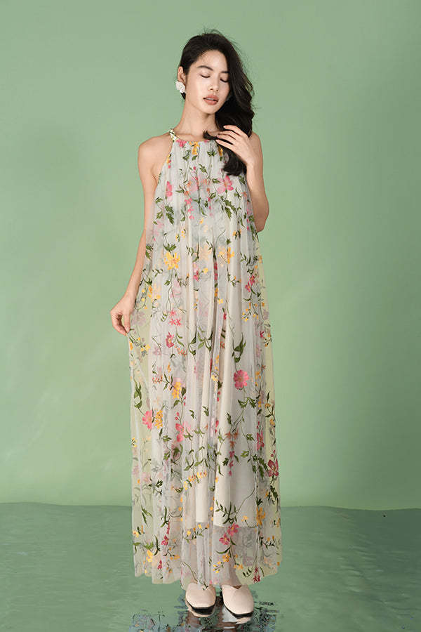 Floral Halter A-Line Long Chiffon Dresses-27Dress.co.uk