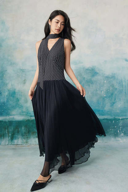 V-Neck Dark Navy Chiffon A-Line Long Dresses -27Dress.co.uk