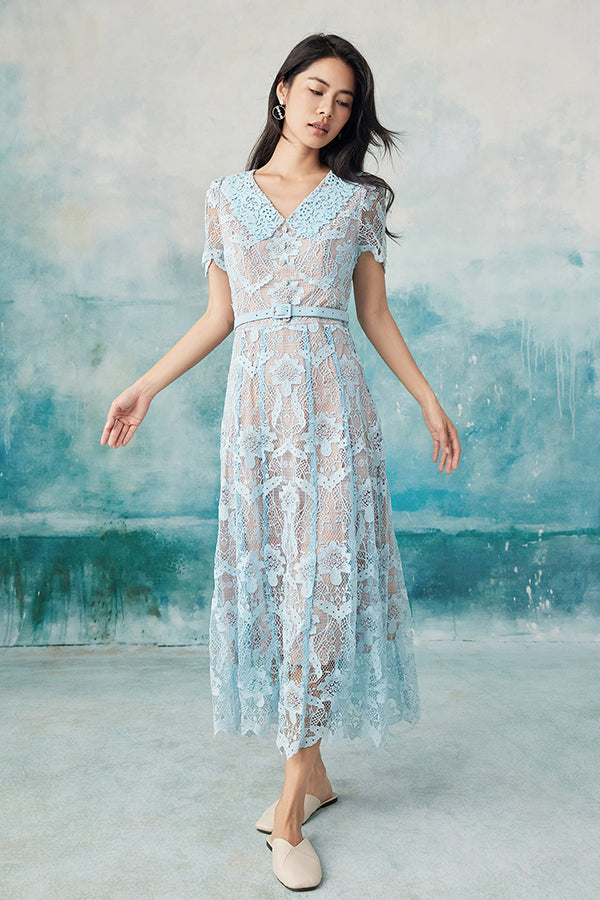 V-Neck Blue Lace A-Line Long Dresses Short Sleeves-27Dress.co.uk