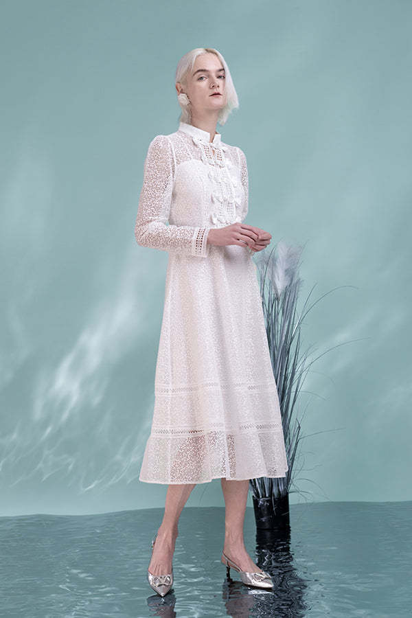White High Neck Lace A-Line Dresses with Long Sleeves-27Dress.co.uk