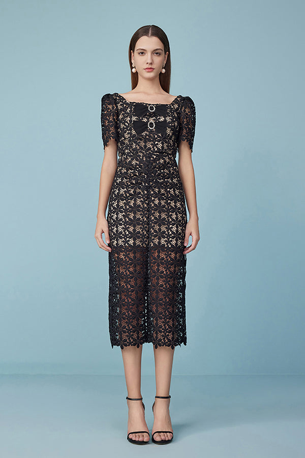 Black Square Neck Lace Long Dresses Short Sleeves-27Dress.co.uk