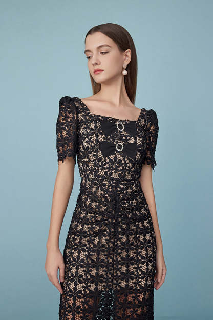 Black Square Neck Lace Long Dresses Short Sleeves-27Dress.co.uk