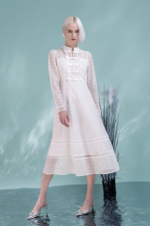 White High Neck Lace A-Line Dresses with Long Sleeves-27Dress.co.uk