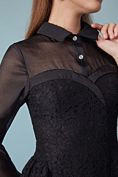 Black A-Line Short Lace Dresses with Long Sleeves-27Dress.co.uk