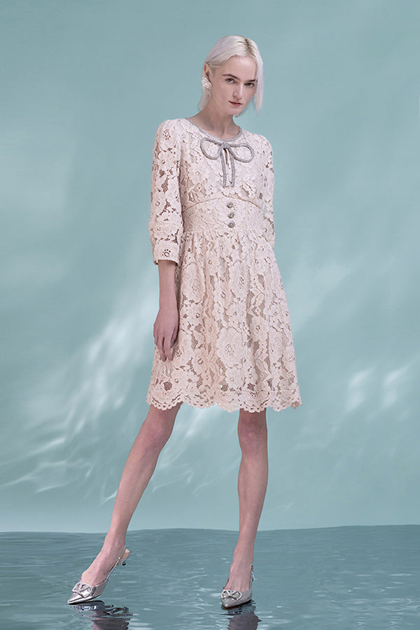 Ivory Lace A-Line Short Dresses with 3/4 Sleeves-27Dress.co.uk