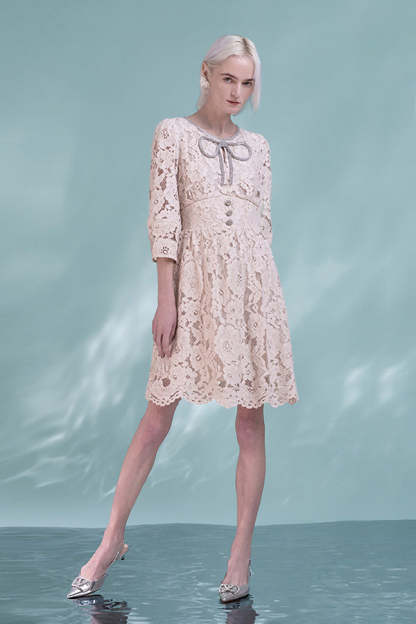 Ivory Lace A-Line Short Dresses with 3/4 Sleeves-27Dress.co.uk