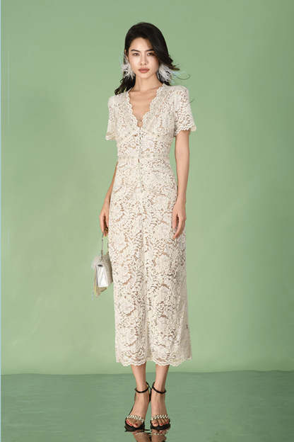 V-Neck Ivory Lace Long Dresses Short Sleeves-27Dress.co.uk