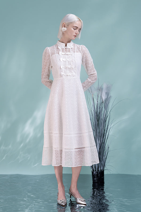 White High Neck Lace A-Line Dresses with Long Sleeves-27Dress.co.uk