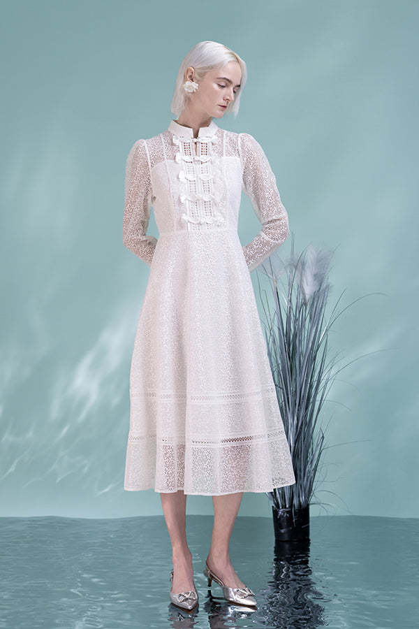 White High Neck Lace A-Line Dresses with Long Sleeves-27Dress.co.uk