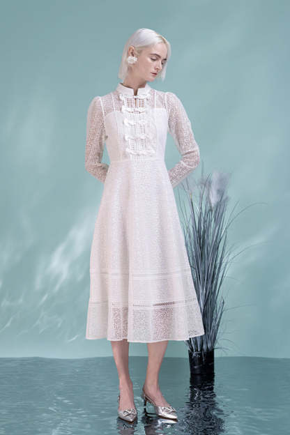 White High Neck Lace A-Line Dresses with Long Sleeves-27Dress.co.uk