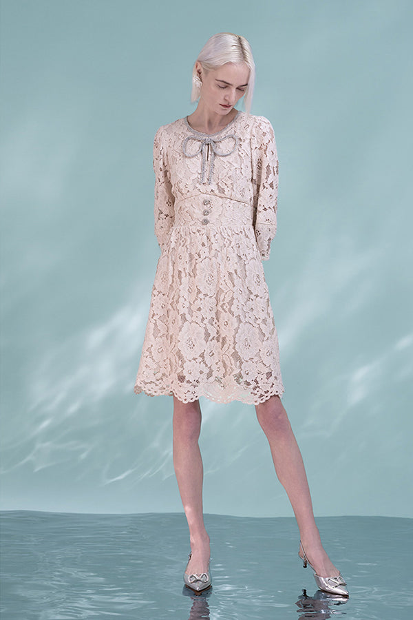 Ivory Lace A-Line Short Dresses with 3/4 Sleeves-27Dress.co.uk