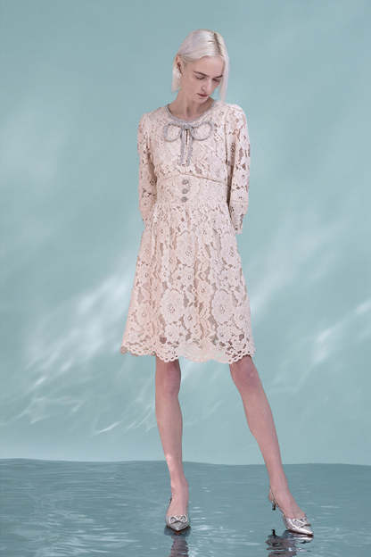 Ivory Lace A-Line Short Dresses with 3/4 Sleeves-27Dress.co.uk