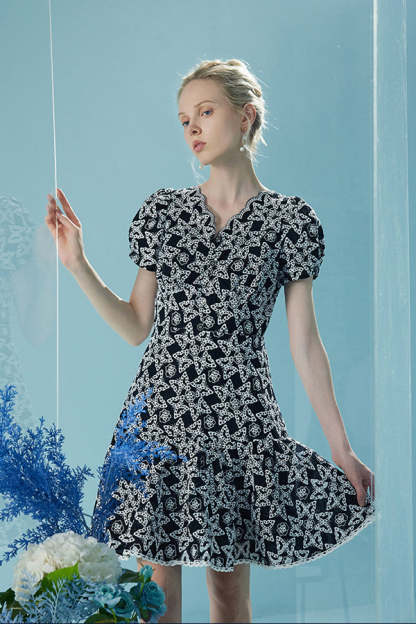 Black V-neck Short Dresses Short Sleeves with Applique-27Dress.co.uk