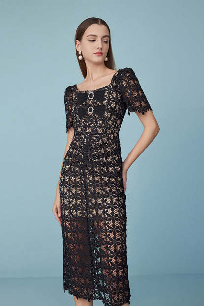 Black Square Neck Lace Long Dresses Short Sleeves-27Dress.co.uk