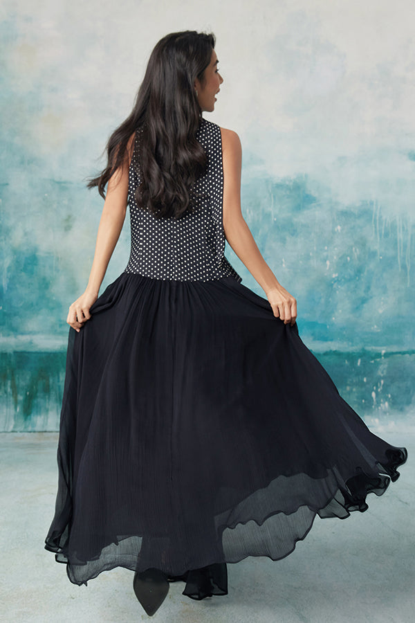 V-Neck Dark Navy Chiffon A-Line Long Dresses -27Dress.co.uk