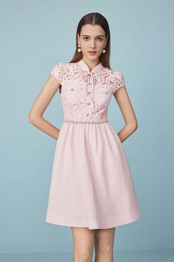 Pink A-Line Short Dresses with Cap Sleeves-27Dress.co.uk