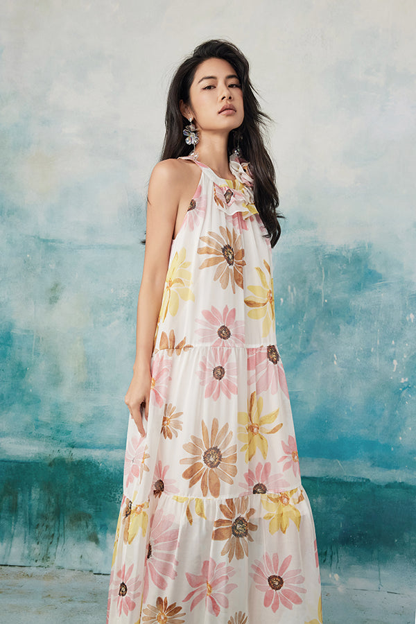 Floral Halter Sleeveless Chiffon Long Dresses -27Dress.co.uk
