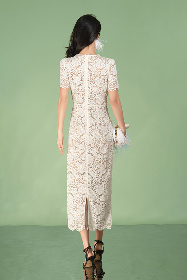 V-Neck Ivory Lace Long Dresses Short Sleeves-27Dress.co.uk