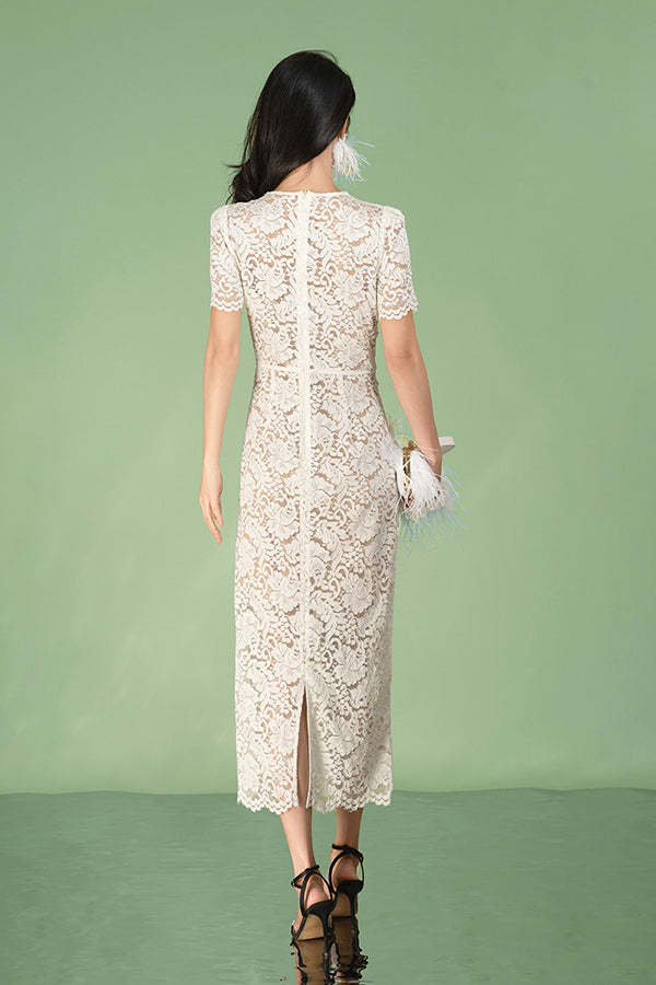 V-Neck Ivory Lace Long Dresses Short Sleeves-27Dress.co.uk