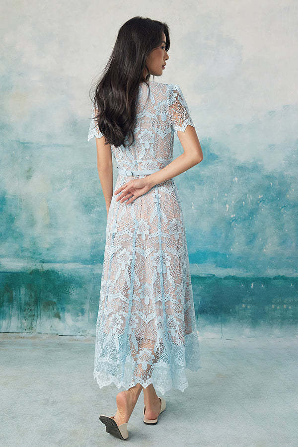 V-Neck Blue Lace A-Line Long Dresses Short Sleeves-27Dress.co.uk