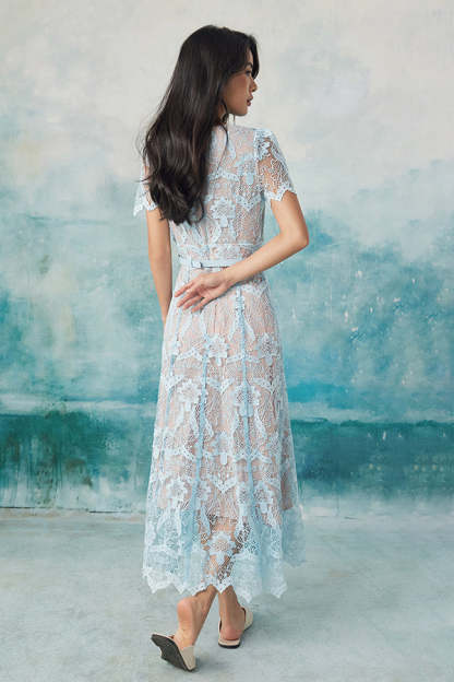 V-Neck Blue Lace A-Line Long Dresses Short Sleeves-27Dress.co.uk