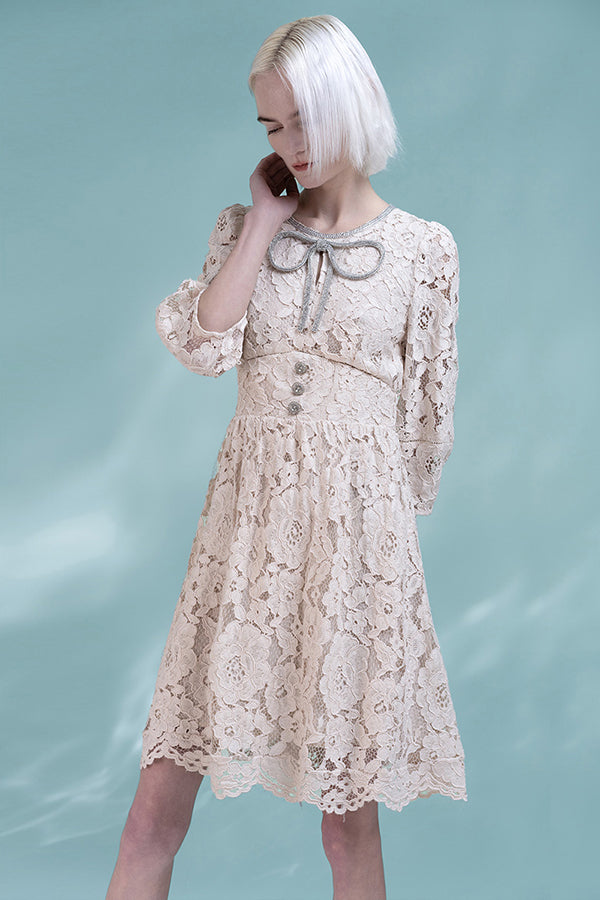 Ivory Lace A-Line Short Dresses with 3/4 Sleeves-27Dress.co.uk