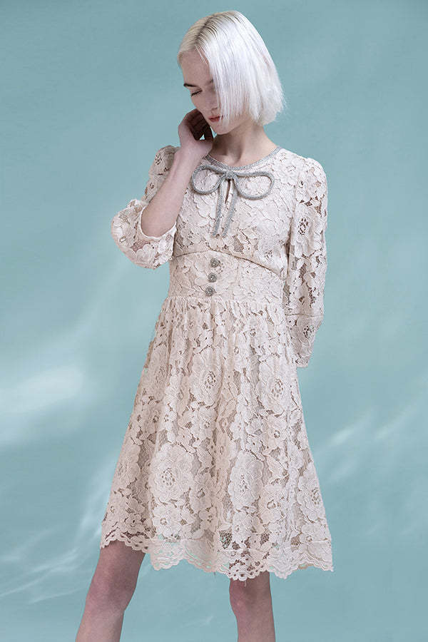Ivory Lace A-Line Short Dresses with 3/4 Sleeves-27Dress.co.uk