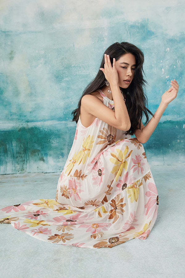 Floral Halter Sleeveless Chiffon Long Dresses -27Dress.co.uk