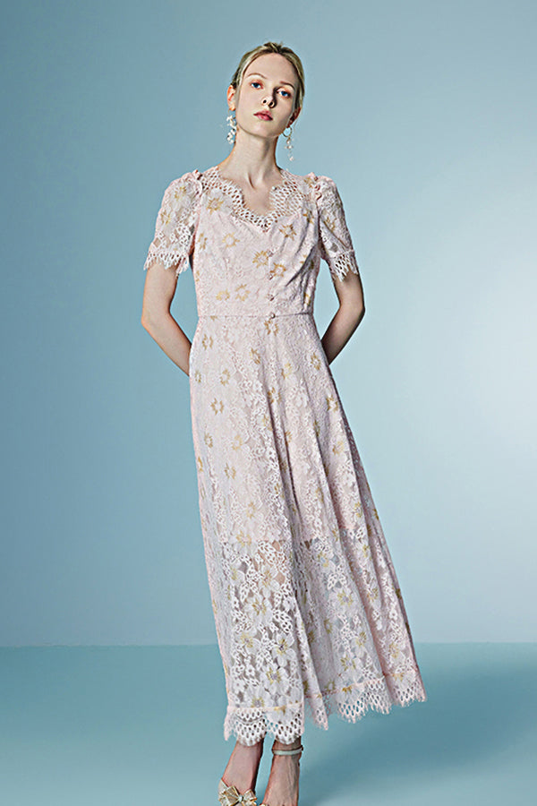 Pink V-Neck A-Line Lace Long Dresses Short Sleeves-27Dress.co.uk