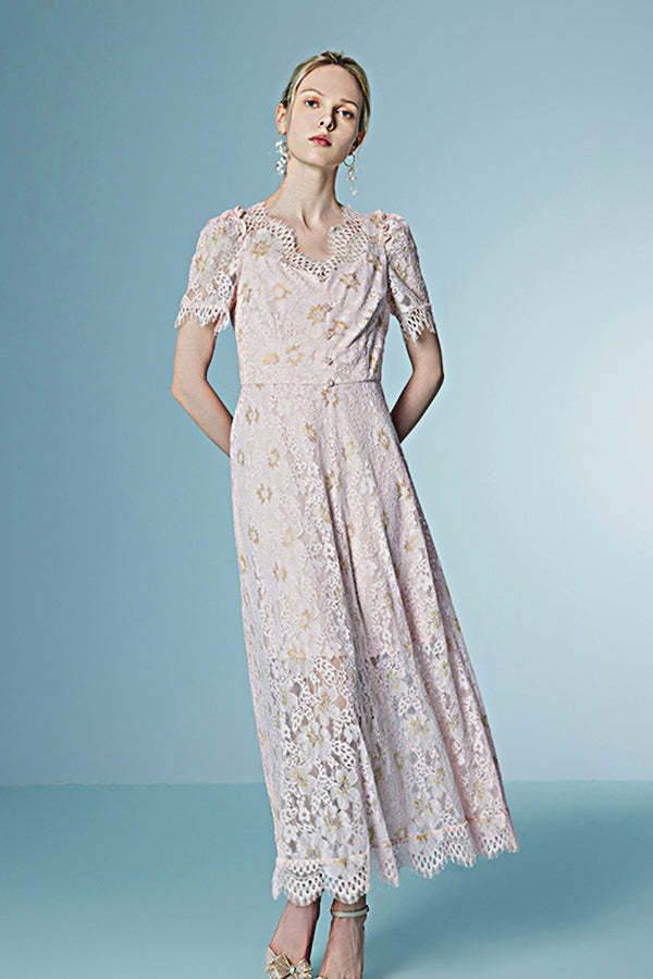 Pink V-Neck A-Line Lace Long Dresses Short Sleeves-27Dress.co.uk