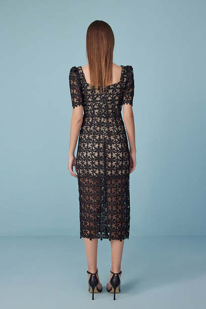 Black Square Neck Lace Long Dresses Short Sleeves-27Dress.co.uk