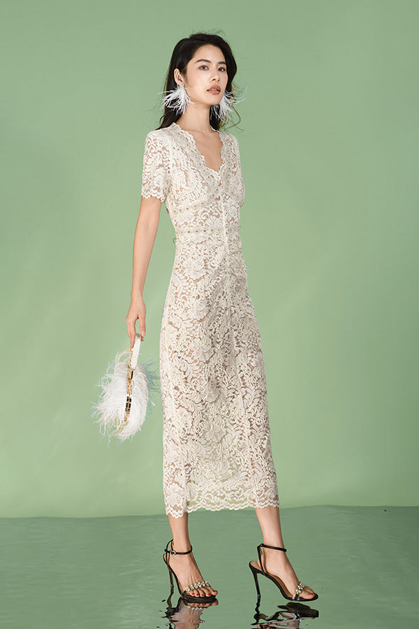 V-Neck Ivory Lace Long Dresses Short Sleeves-27Dress.co.uk