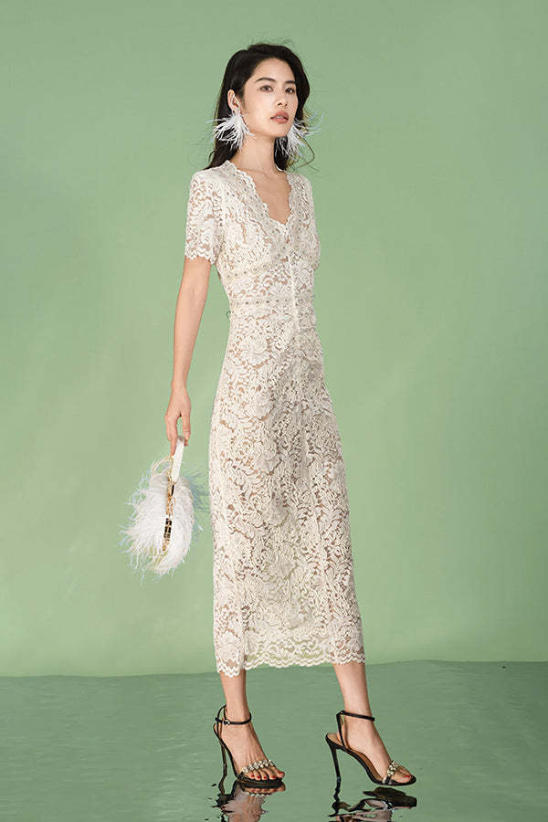V-Neck Ivory Lace Long Dresses Short Sleeves-27Dress.co.uk
