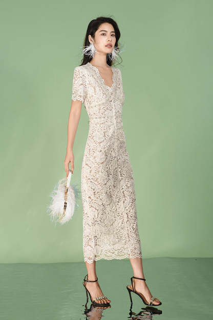 V-Neck Ivory Lace Long Dresses Short Sleeves-27Dress.co.uk