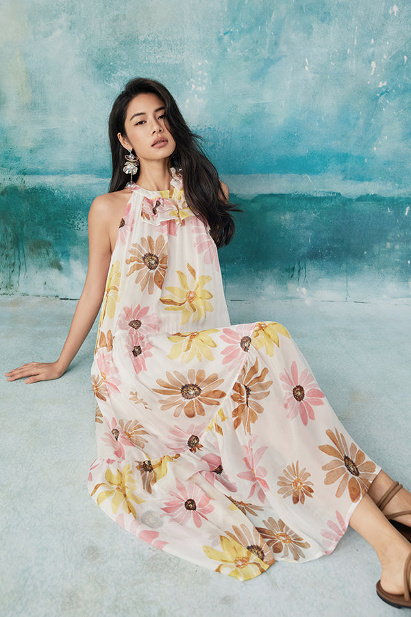 Floral Halter Sleeveless Chiffon Long Dresses -27Dress.co.uk