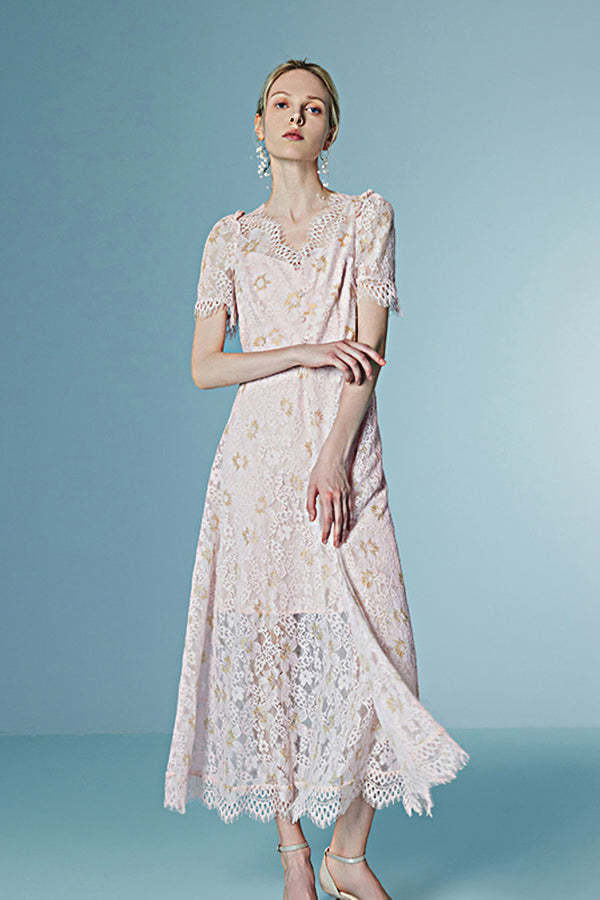Pink V-Neck A-Line Lace Long Dresses Short Sleeves-27Dress.co.uk
