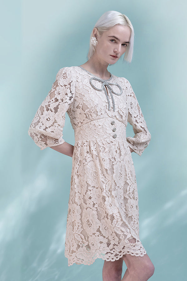 Ivory Lace A-Line Short Dresses with 3/4 Sleeves-27Dress.co.uk