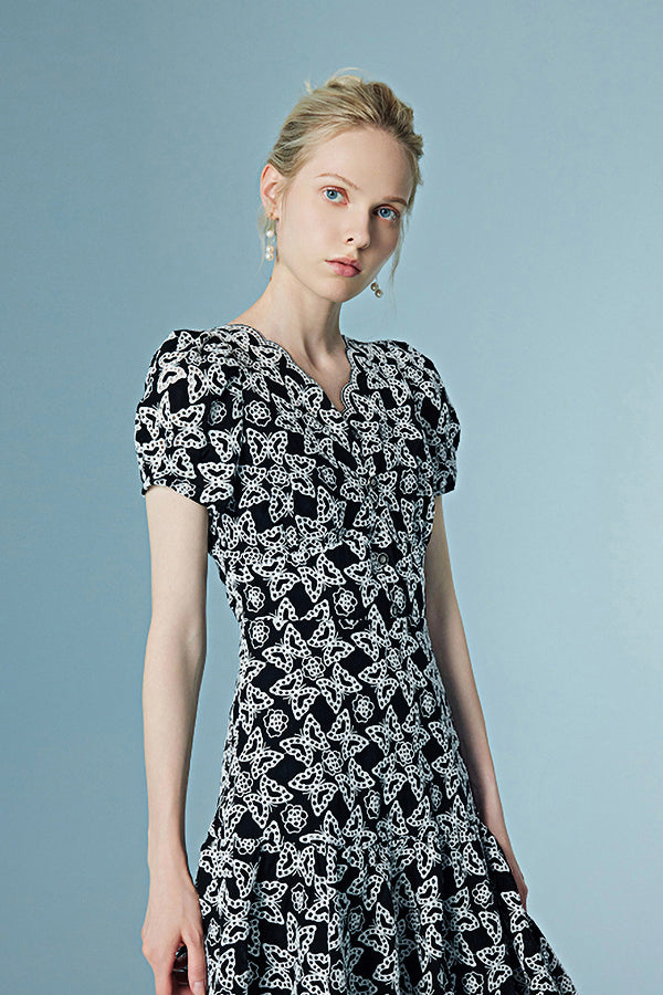 Black V-neck Short Dresses Short Sleeves with Applique-27Dress.co.uk