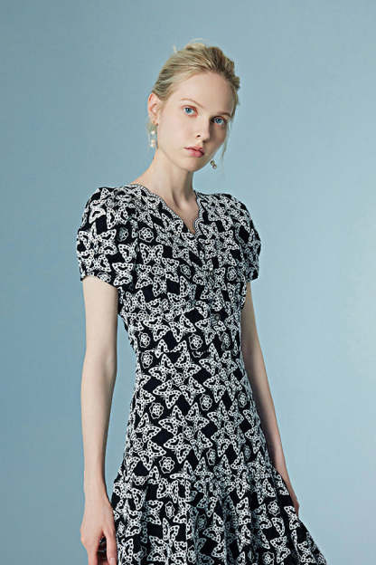 Black V-neck Short Dresses Short Sleeves with Applique-27Dress.co.uk