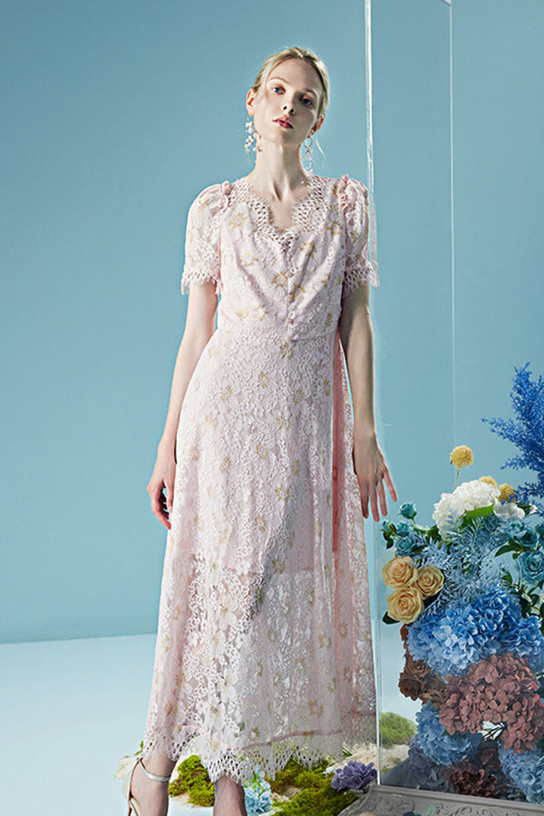 Pink V-Neck A-Line Lace Long Dresses Short Sleeves-27Dress.co.uk