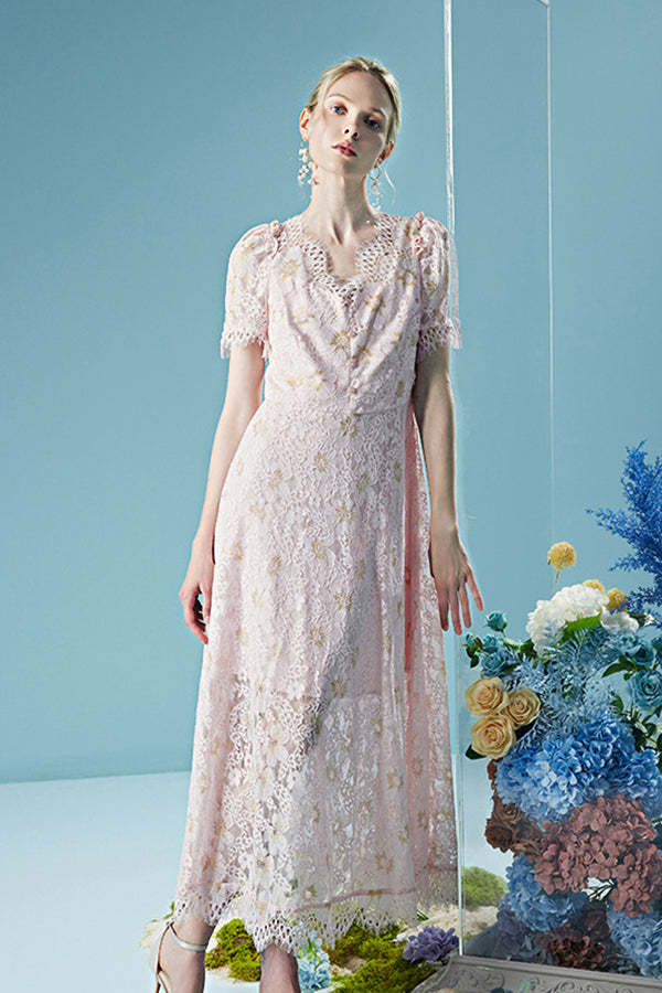 Pink V-Neck A-Line Lace Long Dresses Short Sleeves-27Dress.co.uk