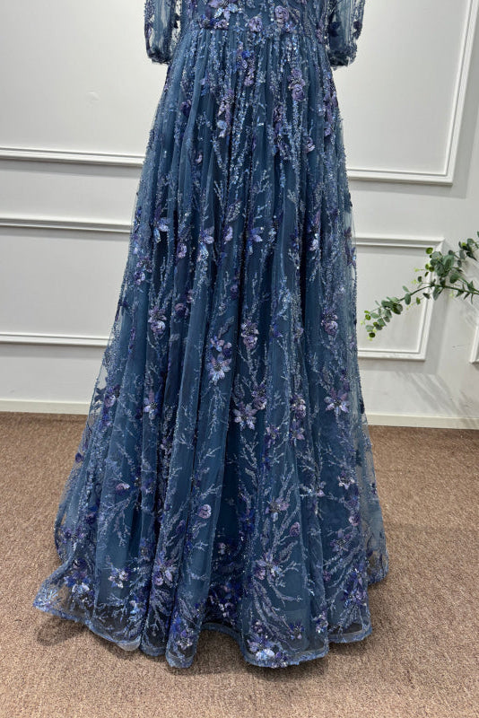 Dusty Blue Square Neck Sequins A-Line Prom Dress - Prom Dresses