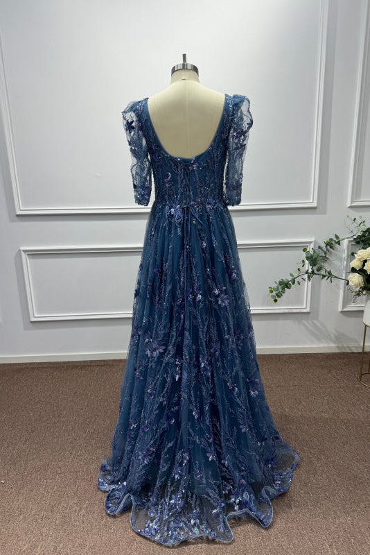 Dusty Blue Square Neck Sequins A-Line Prom Dress - Prom Dresses