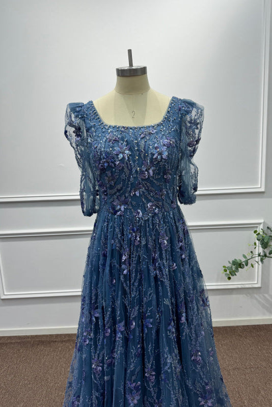 Dusty Blue Square Neck Sequins A-Line Prom Dress - Prom Dresses