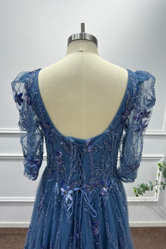 Dusty Blue Square Neck Sequins A-Line Prom Dress - Prom Dresses