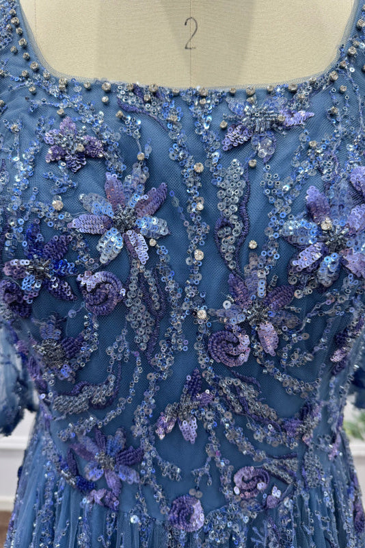 Dusty Blue Square Neck Sequins A-Line Prom Dress - Prom Dresses
