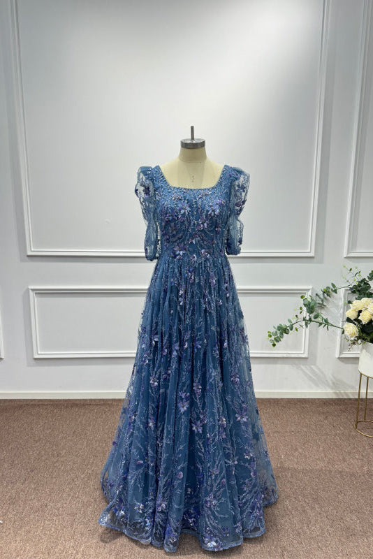 Dusty Blue Square Neck Sequins A-Line Prom Dress - Prom Dresses